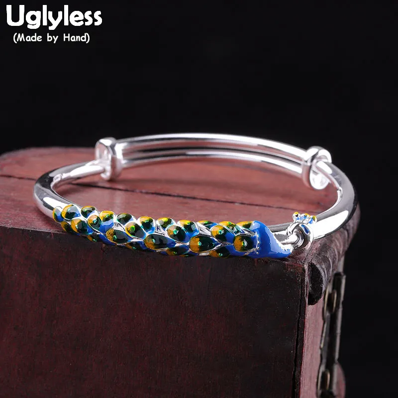 

Uglyless Real 999 Pure Silver Push-pull Bangles for Women Glossy Silver Bangle Retro Enamel Animals Phoenix Fine Jewelry BA669