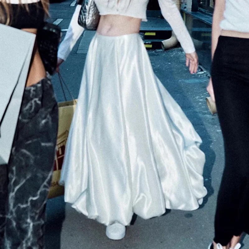 

American street fashion solid color A-line skirt summer new bract silhouette satin drop MIDI skirt