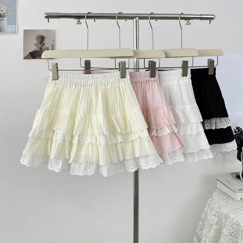 Sweet Lace Patchwork Skirts for Women 2026 Spring Ruffled Tiered A-line Mini Skirt Elastic High Waist Versatile Ball Gown
