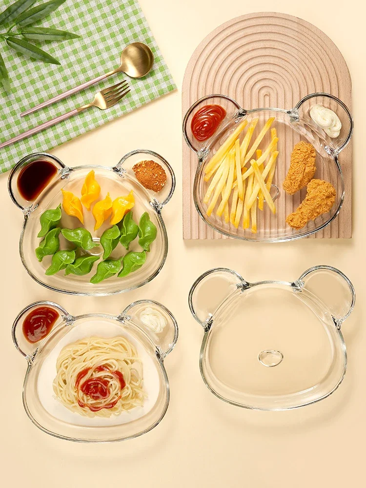 Glass Divided Plate Simple Flat Di Home Use Dumpling with Dip Sauce Seood Simp Fat Reduct