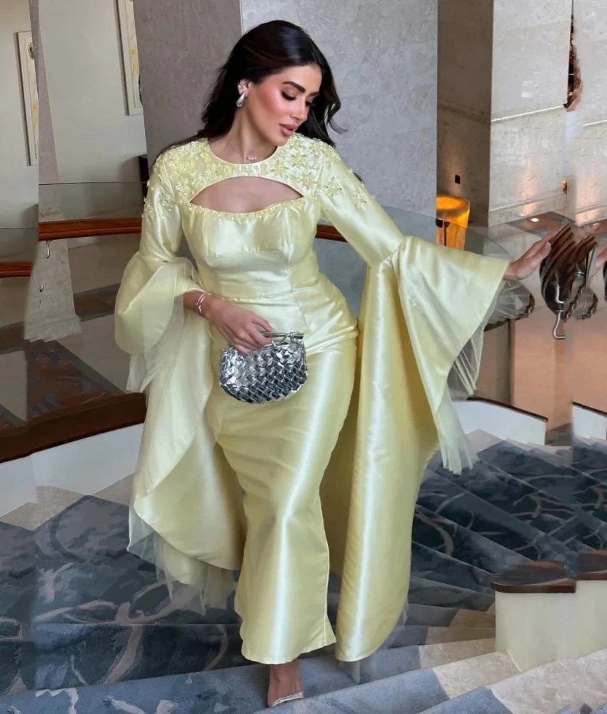 

Customized Graceful Satin Straight Beading Crystal Sequined Flowers Evening Dress Temperament O-neck Floor Length Prom Gowns