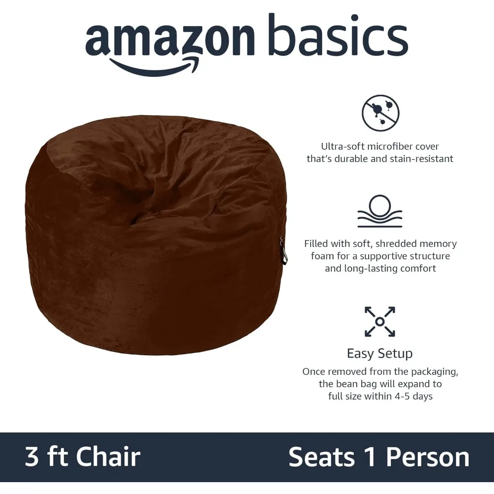 Memory Foam Filled Bean Bag Chair with Microfiber Cover, 3 ft, Brown, Solid