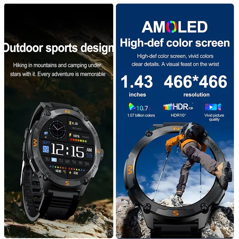 1.43" AMOLED Screen Smartwatch GPS Motion Track 100+ Sports Modes AI Voice Assistant Bluetooth Call Weather Smart Watch For Men
