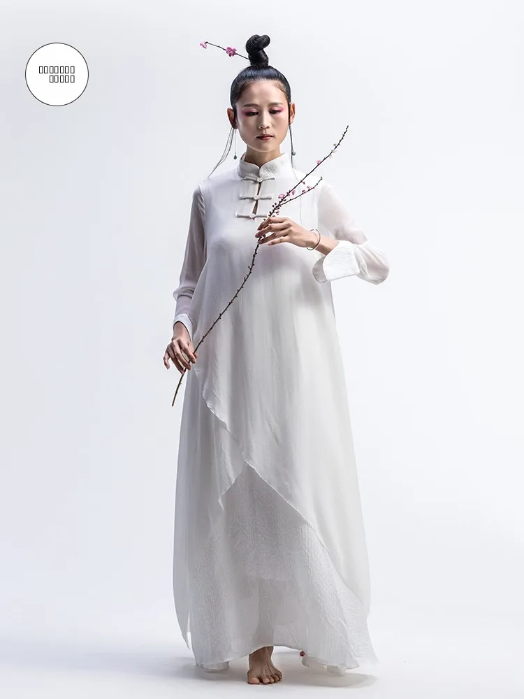 

Шелковое платье Hua Chun Poet с улучшенным дизайном, воротником-стойкой, длинными рукавами, на пуговицах, винтажное, для повседневной носки, однотонное, свободного кроя...