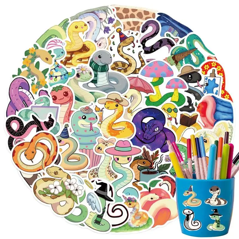 Waterproof Decals for Water Bottles Cartoon Snake Stickers Set 50X Creative Suitcase Decals Portable Decorative Stickers