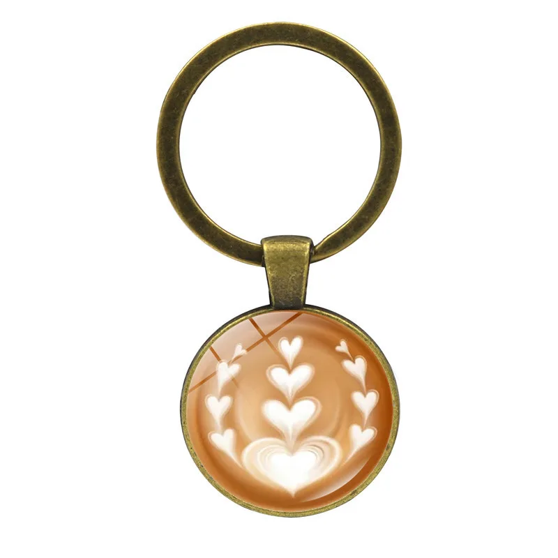 Classic Coffee Latte Carving Keychain New Latte Glass Cabochon Chocolate Printing Love Heart Flower Clover Charm Keyring Gift