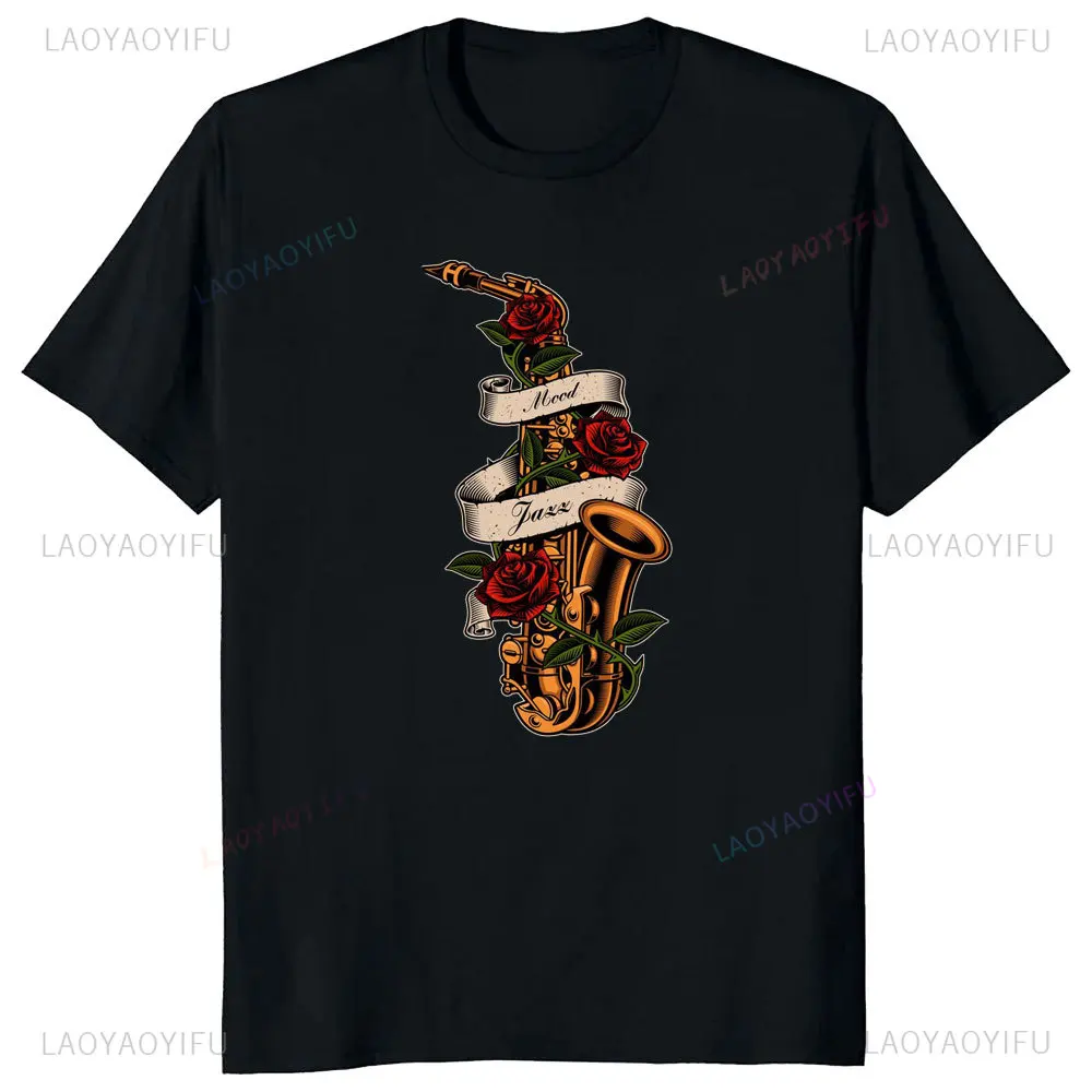 Saxophone with Roses and Ribbon Men Tees Retro Classic Music TShirt Summer Style Shirt Unisex Short Sleeve O-Neck Harajuku Tops