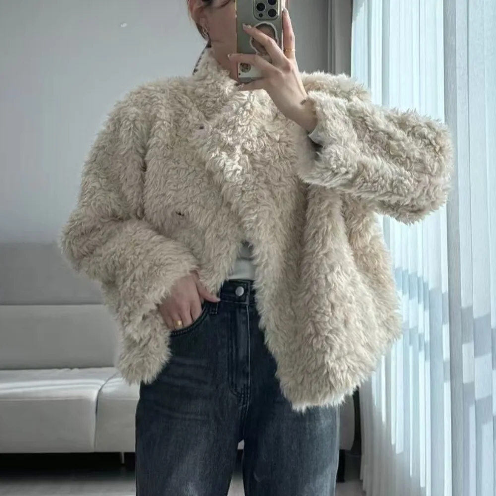 Abrigo superior cálido con un solo botón y cuello peludo para mujer elegante Otoño Invierno Sli simple Corte versátil Ajuste alto Largo Sve C...