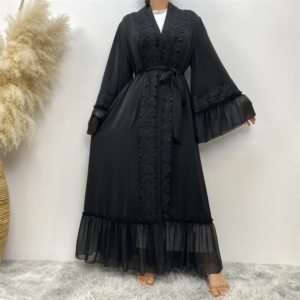 Ramadan Lace Embroidery Open Abaya Dubai Turkey Kaftan Muslim Dress Women Kimono Robe Femme Caftan Islam Clothing Kebaya Abayas