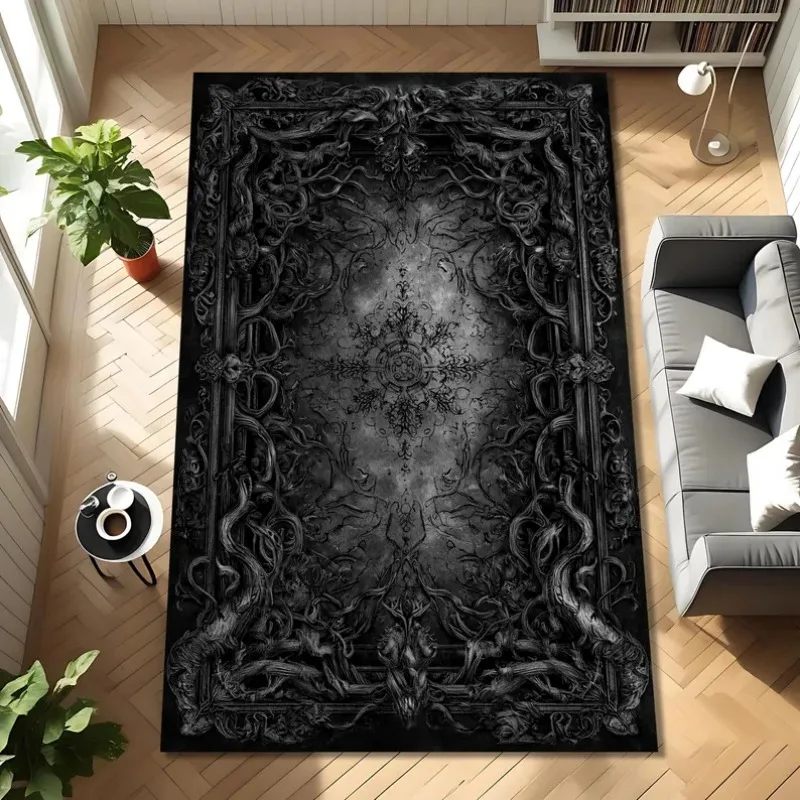 Dark Gothic Bat Forest Rug Retro Witchy Spider Web Pattern Carpet for Living Room Bedroom Dark Academia Decor NonSlip Floor Mat