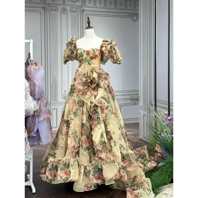 2024 Spring Princess Elegant Dress Women Puff Sleeve Print Y2k Evening Party Dress Female France Vintage Chic Irregular Clothes