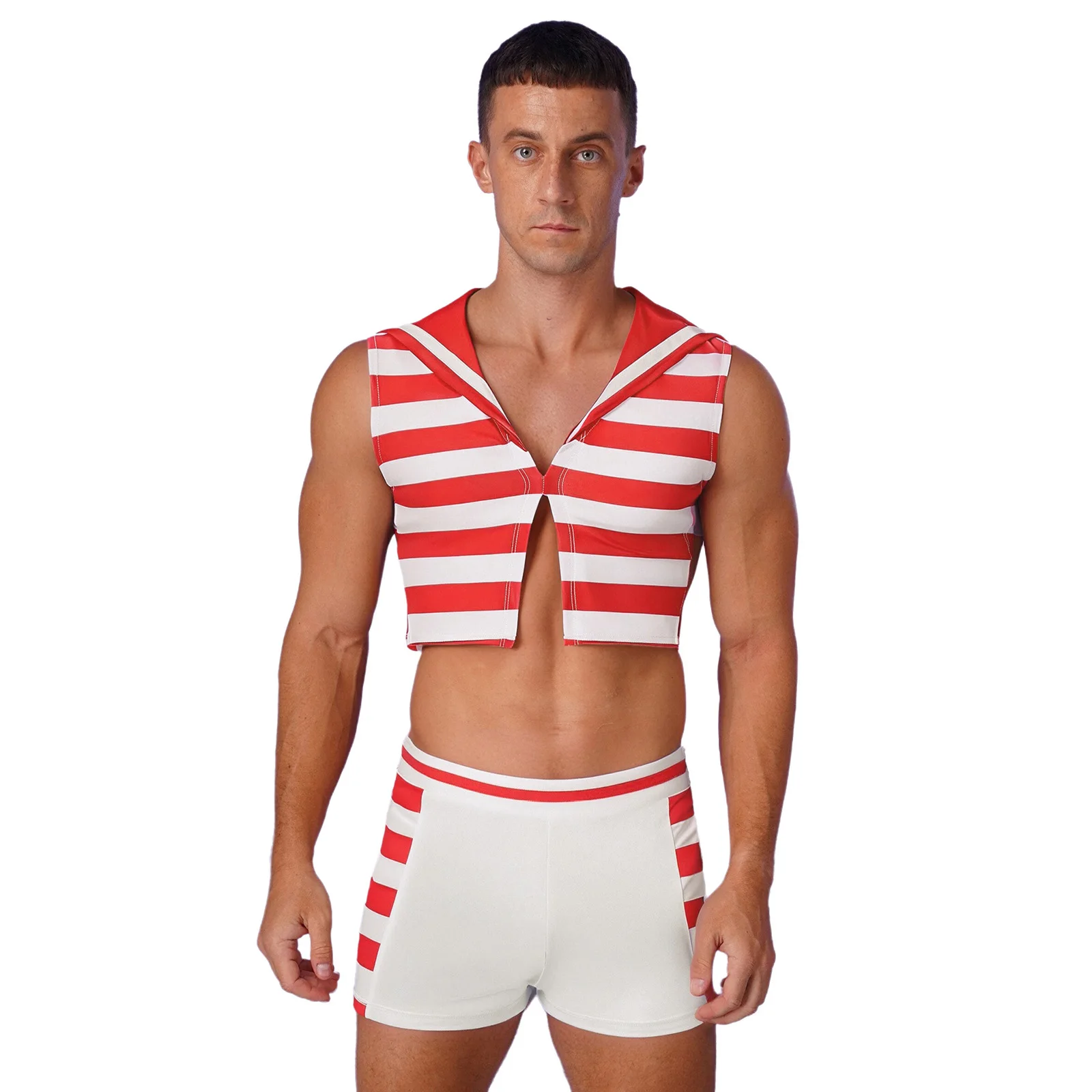 

Two Pieces Men's Nautical Sailor Role Play Costumes Sleeveless Naval Striped Tank Top with Boxer Shorts for Halloween Masquerade