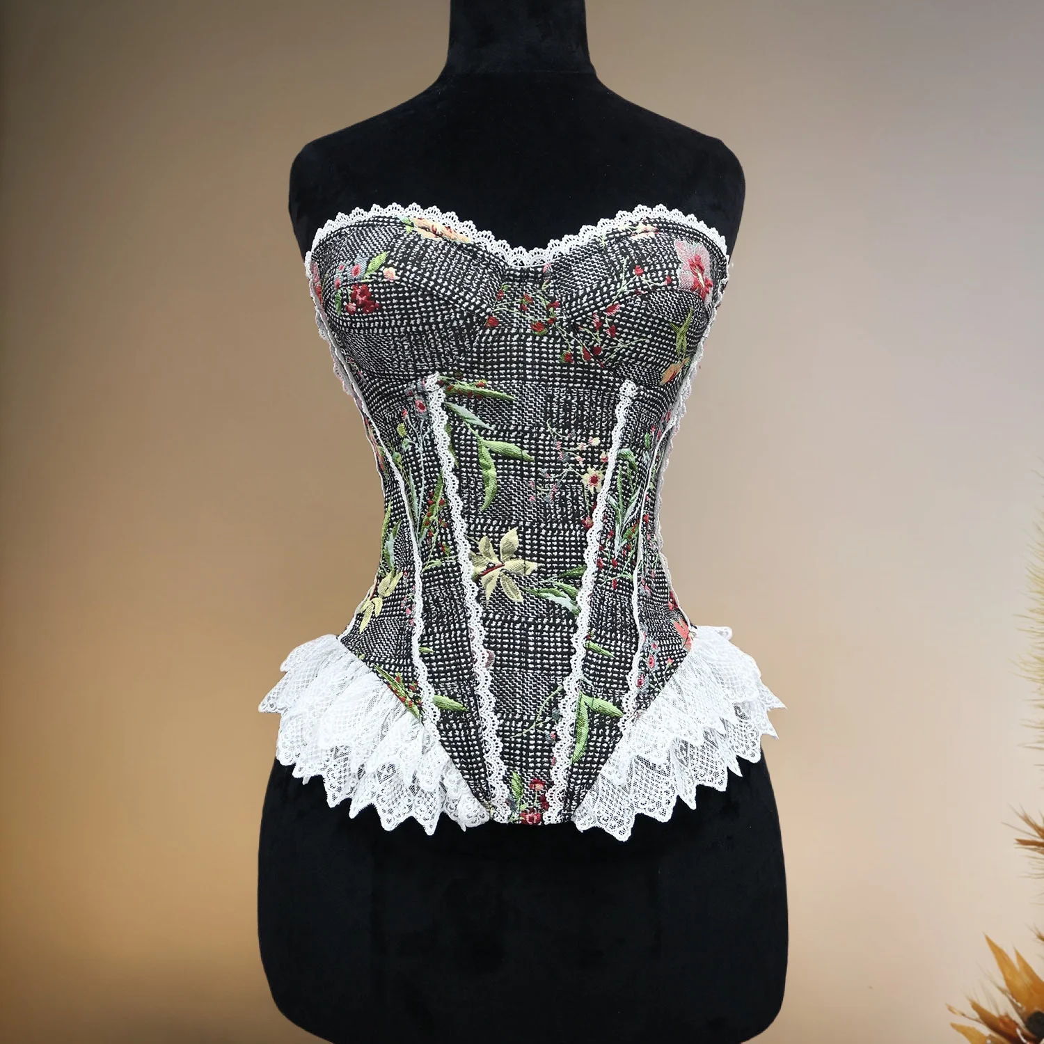 

Women Gothic Black Corsets Elegant Vintage Print Lace Blue Bustier Tops with Bra Victorian Sexy Lingerie Evening Party Corset
