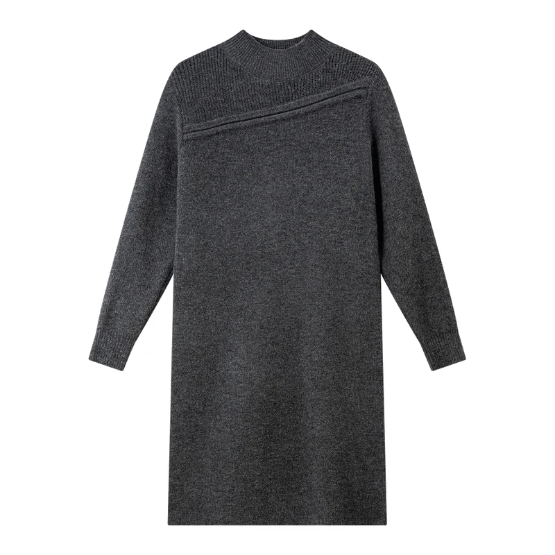 VIMLY Graue Kleider Frau Elegante 2025, Herbst Gestrickte Mock Neck Getäfelten Midi Dame Kleid Gerade Wolle Mischung Weibliche Kleider 75187