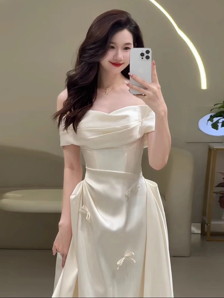 فستان زفاف فرنسي أنيق مثير خارج الكتف فستان زفاف عالي الخصر نحيف على شكل حرف a بفيونكة بيضاء فستان سهرة طويل للنساء #4