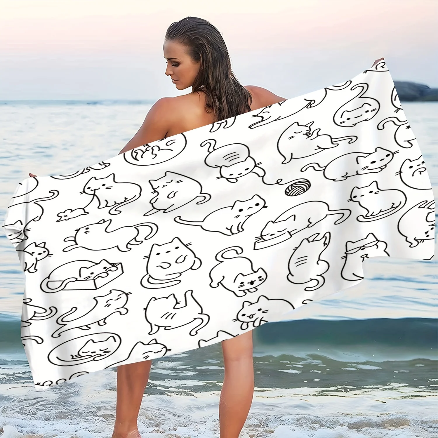 White Background Simple Line Drawing Cat Microfiber Beach Towel, Quick-Dry Summer Seaside Essential