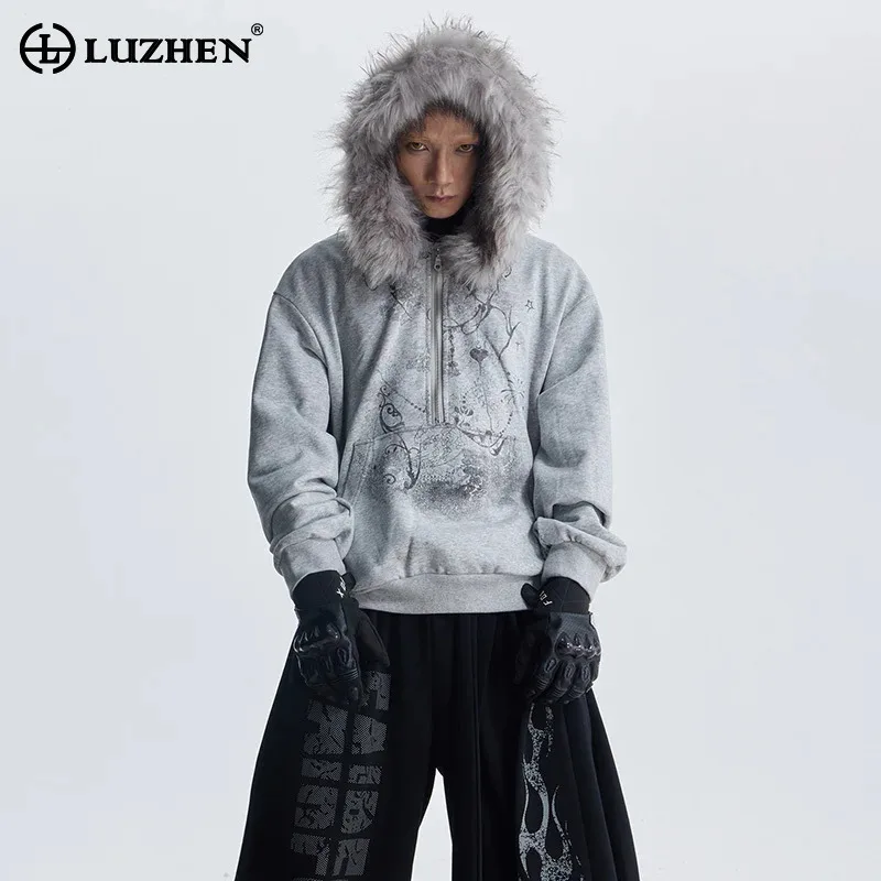 

LUZHEN 2025 Winter Faux Fur Hooded Pullover Sweatshirt Men's Original Streetwear Printed Original Kangaroo Pockets Tops JY3753