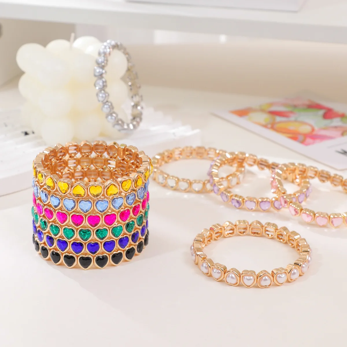 

BEUTIFOR New Fashions Rhinestone Heart Girl Golden Bracelets Colorful Crystal Beads Alloy Women Bangle 2025