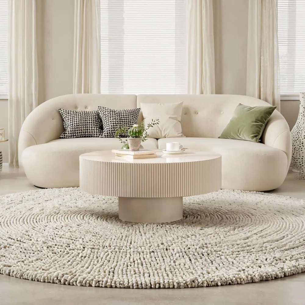 Modern Wood Round Coffee Table - Handcraft Fluted Coffee Tables with Sturdy Base, Easy Assembly, Contemporary Style Circle Coffe