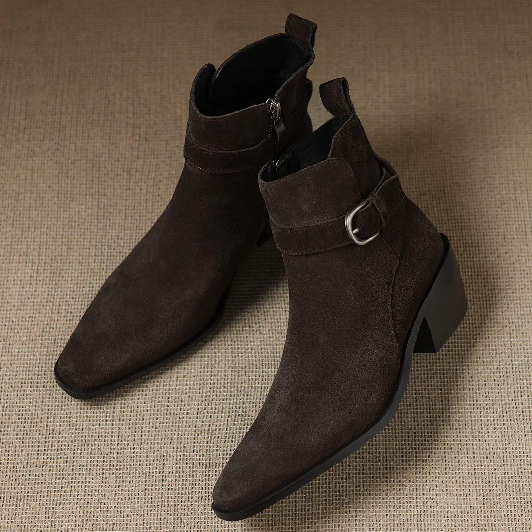 المرأة جلد الغزال الطبيعي ساحة تو مشبك معدني الجانب البريدي الخريف حذاء من الجلد 5.5 سنتيمتر سميكة ميد كعب الجوارب القصيرة عادية #3