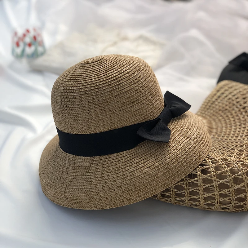 Hepburn bow ribbon sun hat women\'s straw hat Bucket hat color sunscreen sun hat beach hat wholesale