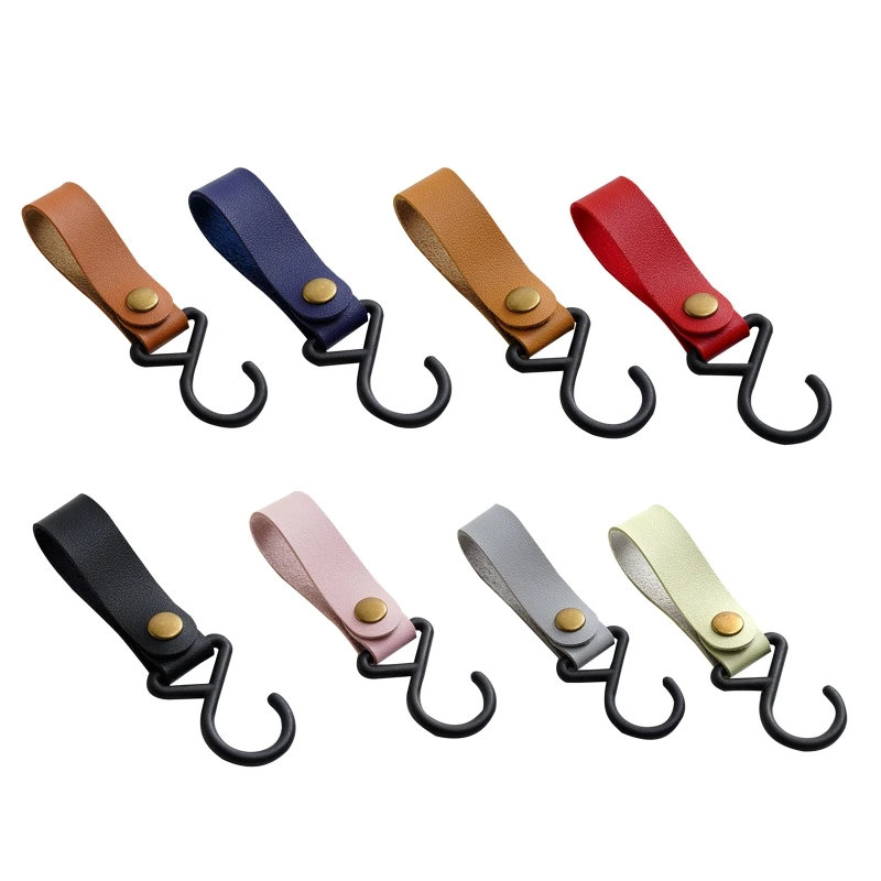 

Portable Baby Bag Stroller Hook Pram Plastic Carabiners S Hooks with Leather Strap Loop Snaps Button for Pram Stroller