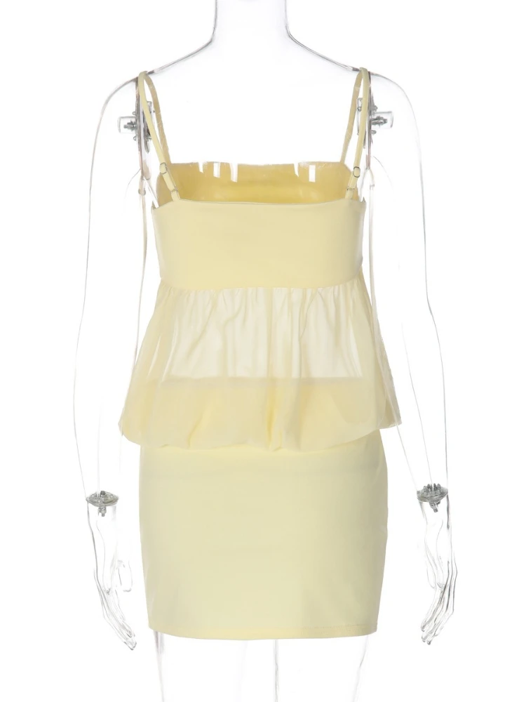 SsTss المرأة الحلو الأصفر بروتيل فستان جديد الصيف موضة بلا أكمام بقماش شفاف المرقعة الجوف خارج سليم فستان بكتافة صغيرة