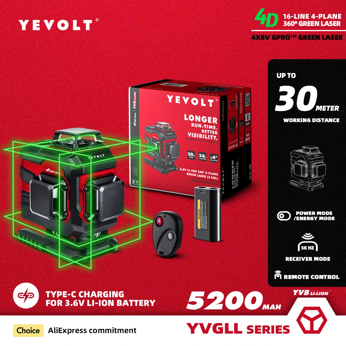 YEVOLT YVGLL4XS16PRO Green Laser Level 4-Plane 16-Line Self-leveling 4D Horizontal & Vertical 3.6V 5.2Ah Power Measuring Tools