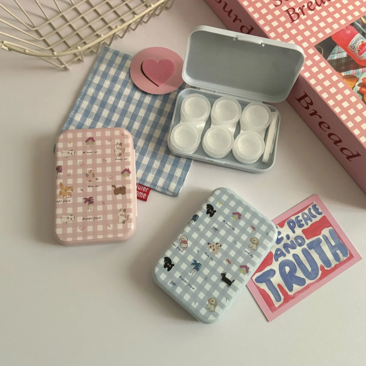 1pc Ins Cute Grid Portable Contact Lens Box Companion Care Box Women Travel Contact Lens Case Three Pack Contact Lenses Case