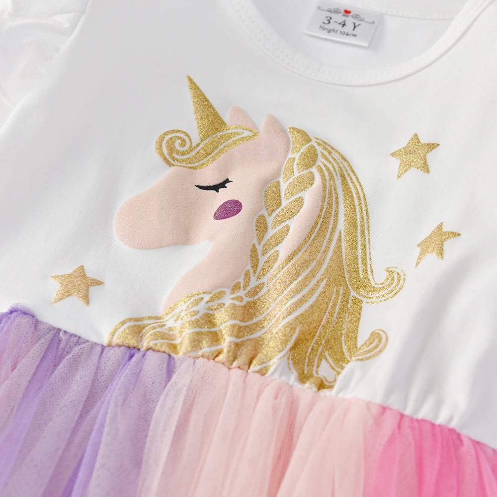 VIKITA Mädchen Einhorn Cartoon Print Kleid Kinder Flare Hülse Herbst Frühling Prinzessin Kleider Mädchen Mesh Tüll Party Vestidos 3-8 jahre – Detail 7