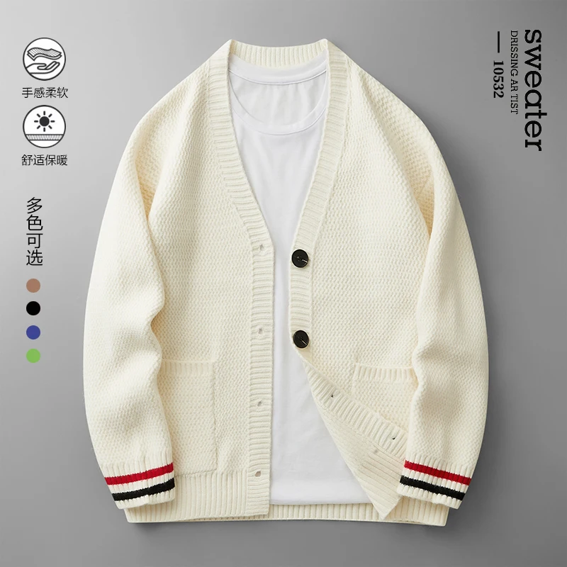 

Spring Autumn V-Neck Knit Cardigan Men Harajuku Loose Knitted Sweater Outerwear Coat Mens Fashion Casual Streetwear