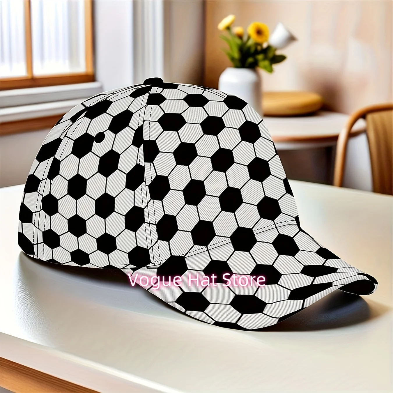 1pc Hexagonal Tessellation Pattern Cap - Black And White Design Inspired by Soccer Balls, Adjustable Unisex Snapback, Lightweigh