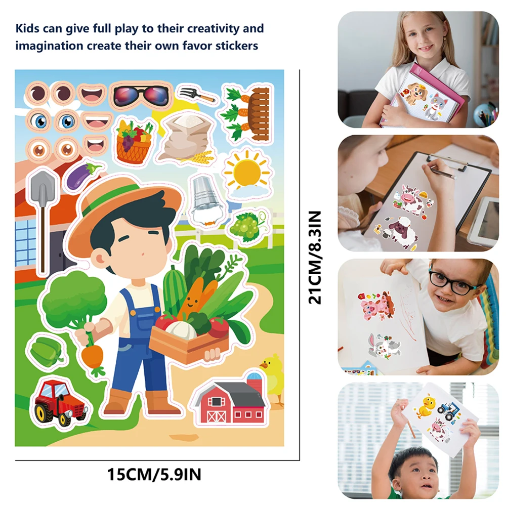 6/12 feuilles enfants bricolage animaux de ferme faire un visage Puzzle autocollants créer votre propre vache chien lapin assembler Puzzle décoration jouets