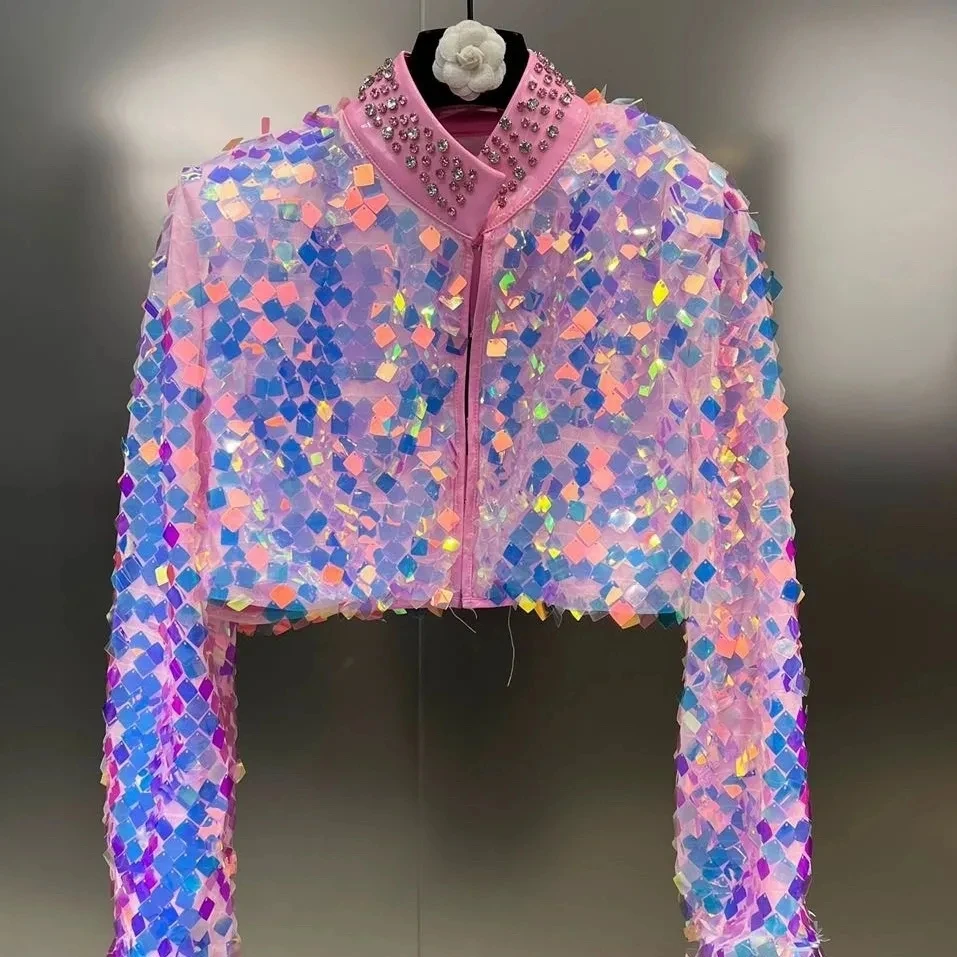 2024 Spring New Short Jackets Women Streetwear Colorful Gradient Sequins Heavy Industry Water Diamond Stand collar Short Jackets