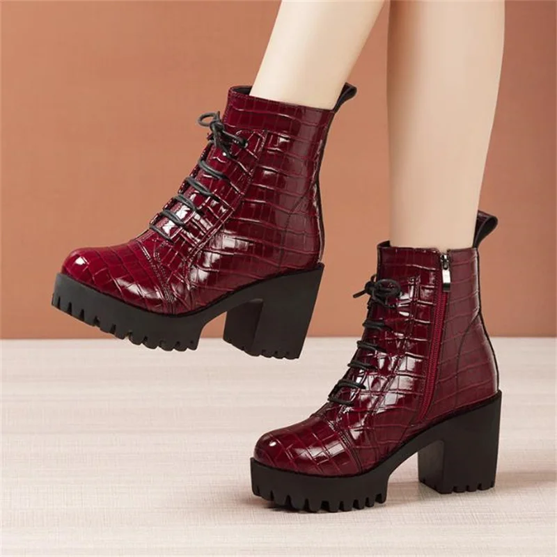 8cm Women British Thick Bottom Platform Shoes Fall Winter Block High Heels Leather Short Mother occupation Ankle Boots 32 43