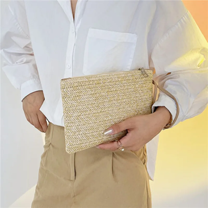 Women Clutch Bag Handmade Backpack Fashion Ladies Wristlet Girl Phone Solid Straw Woven Coin Purse Beach Wallet Fresh Sweet