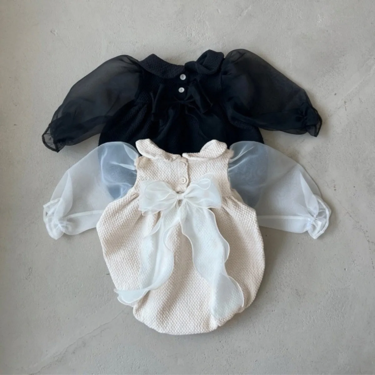 2026 Autumn New Baby Girl Sweet Mesh Sleeve Bodysuit Solid Infant Toddler Cute Lapel Jumpsuit Cotton Newborn Clothes 0-24M