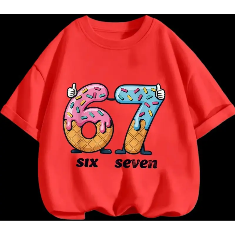 Kids Cute Ice Cream Number 67 Graphic T-Shirt, Soft Cotton Crew Neck Tee, Casual Summer Wear for Boys & Girlstk0046