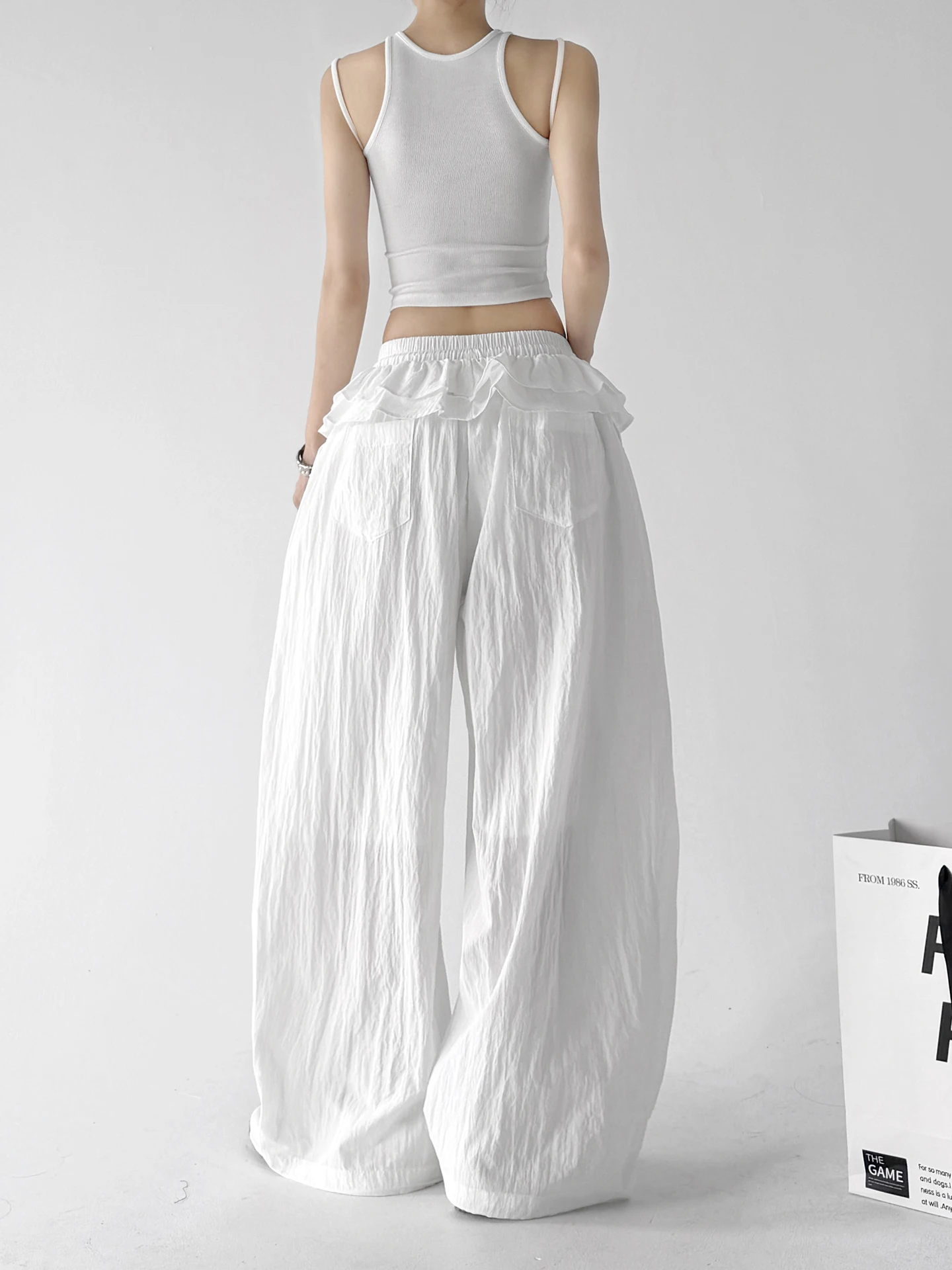 Quick Dry Wide Leg Pants Women's Summer New Style White Slimming Student Casual Pants High Waist Bordered Simple Design