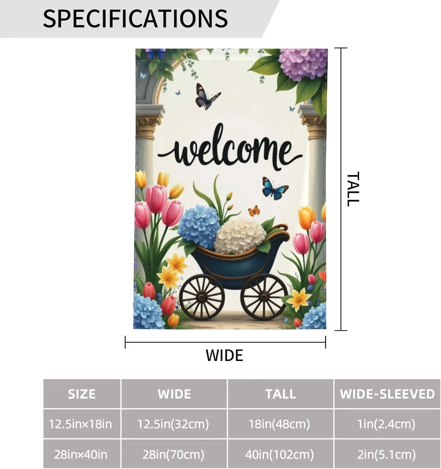 Spring Summer Garden Flag Vintage Carriage Blue Hydrangeas Watercolor Art 12X18 Vertica Double Sided Flowers Summer Farmhous AAO