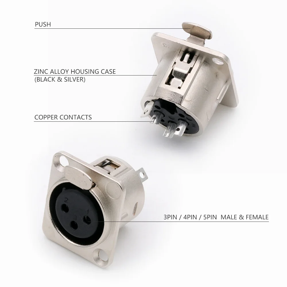 Conector hembra XLR de 3/4/5 pines para montaje en Panel, conector de Cable de micrófono, conector de Cable, conector de conector XLR Chapado en