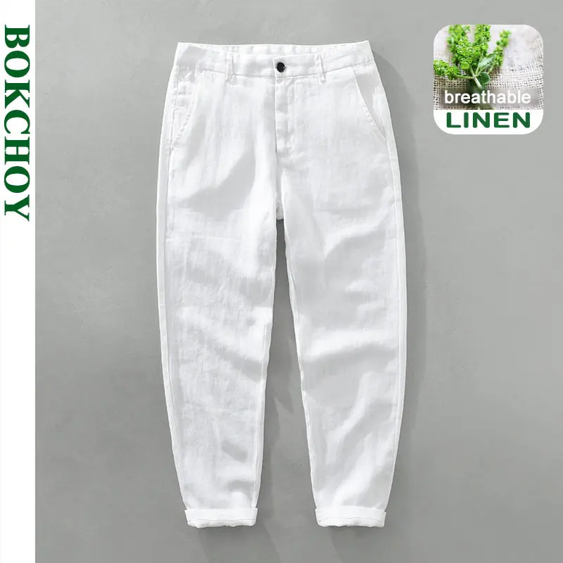 Summer New Breathable 100% Linen Straight Pants for Men Thin Solid Color Streetwear Men Trousers CM1608