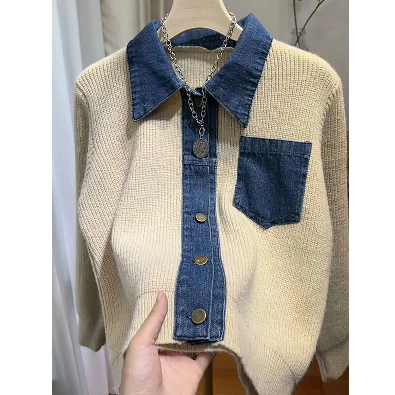 Women\'s Trendy Vintage Denim Patchwork Single Breasted Knitted Cardigan Autumn Casual Long Sleeve Loose Chic Pocket Sweater Coat