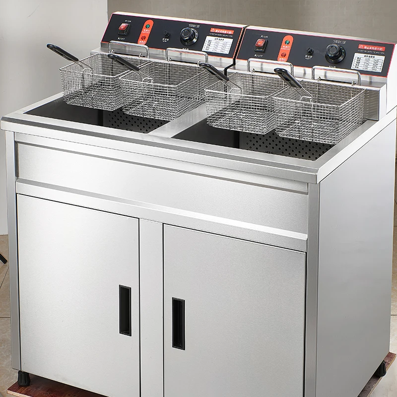 2 tank 2 Basket Deep Fryer Chicken French Chips Deep Fryer Machine Commercial Double Tank Vertical Electric Fryer with Cabinet 6