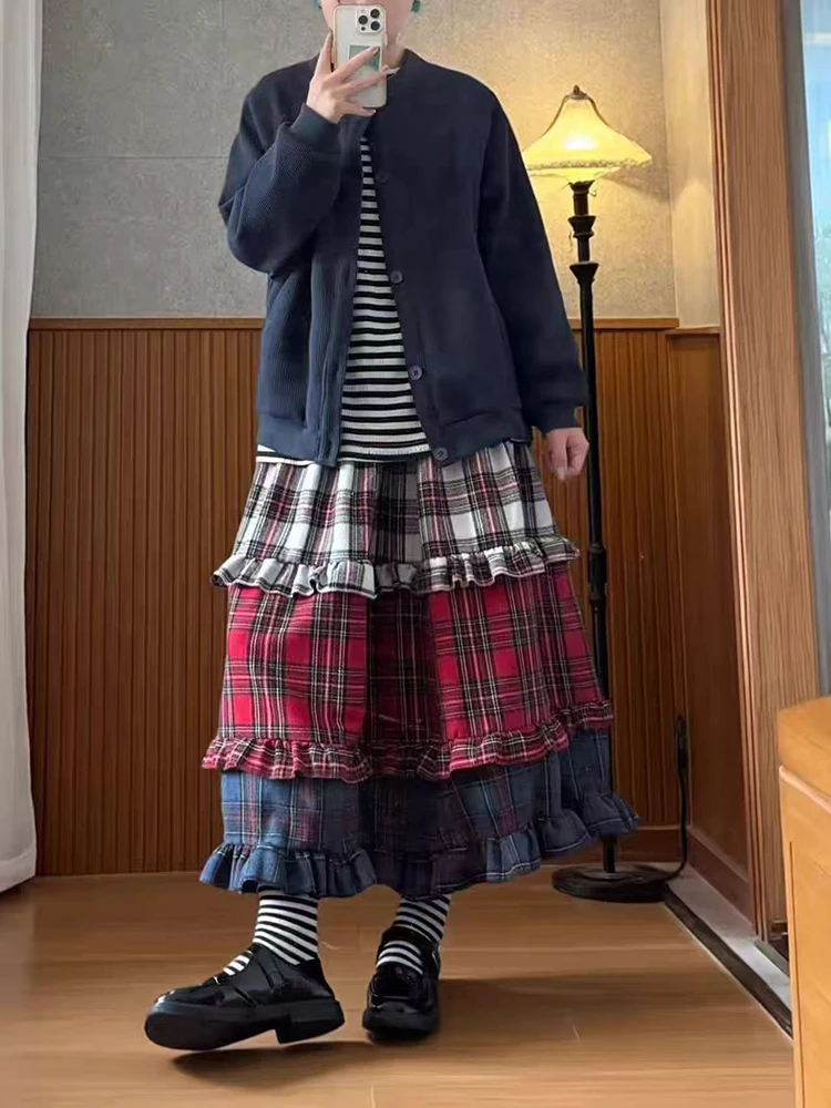 

Winter Fashion Patchwork Midi Skirts Y2K High Waist Ruffles Plaid Splicing Skirts Korean Chic Preppy Folds A Line Skirts Mujer