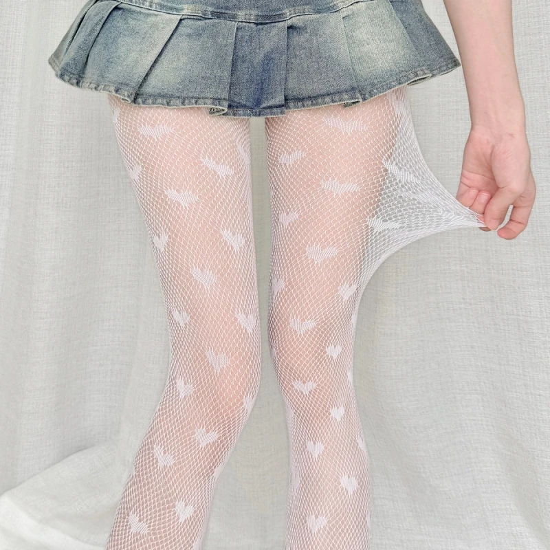 Y2K Trendy Black Mesh Tights Women Heart Hollow Cutout Fishnet Pantyhose Stretchy Hosiery For JK Streetwear Daily Matching