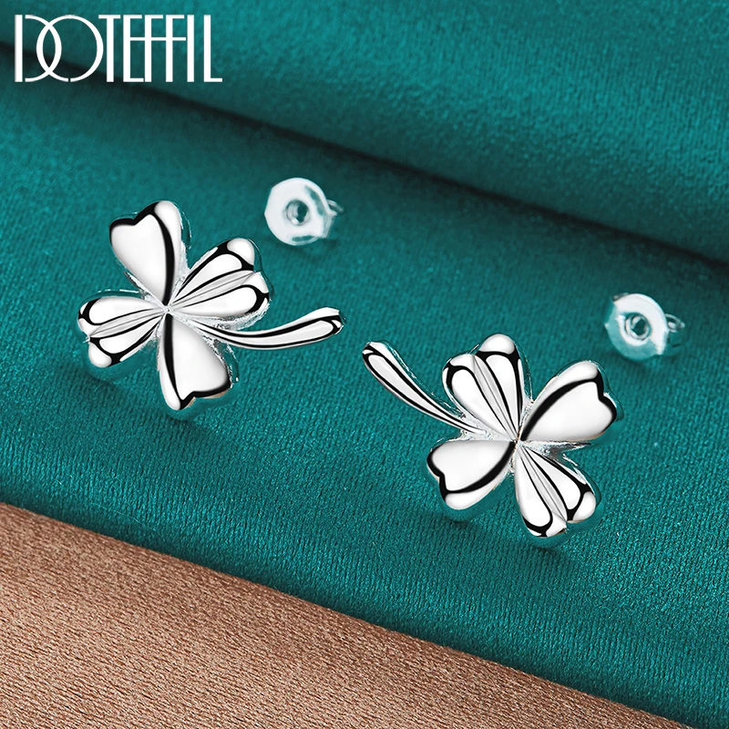 DOTEFFIL 925 Sterling Silver Four-Leaf Clover Stud Earring For Woman Fashion Charm Wedding Engagement Party Jewelry