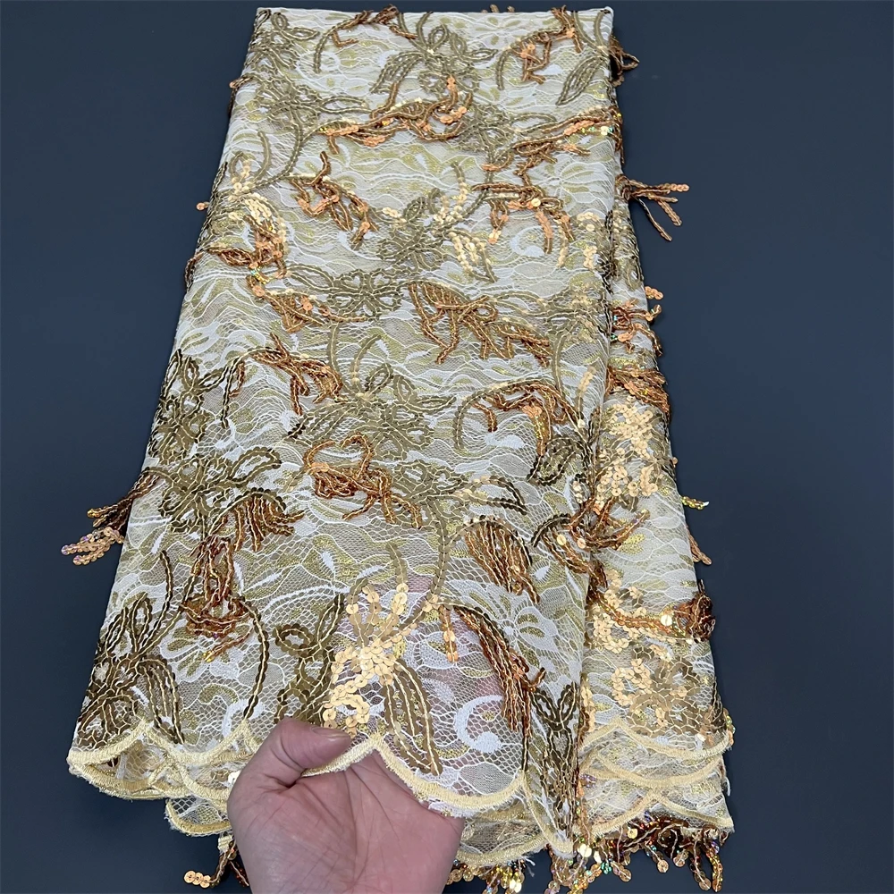 2025 High Quality African Nigerian With Tulle Lace Fabric Sequins Embroidery Dresses Beads Sewing Guipure Prom  5Yards PS0072