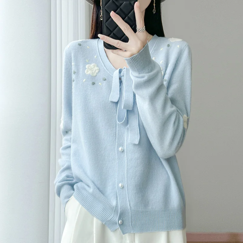 

Women's Sweater 100% Merino Wool Sweater Autumn Winter Round Neck Ribbon Shirt Fashion Embroidery Knitted Female Clothing Tops