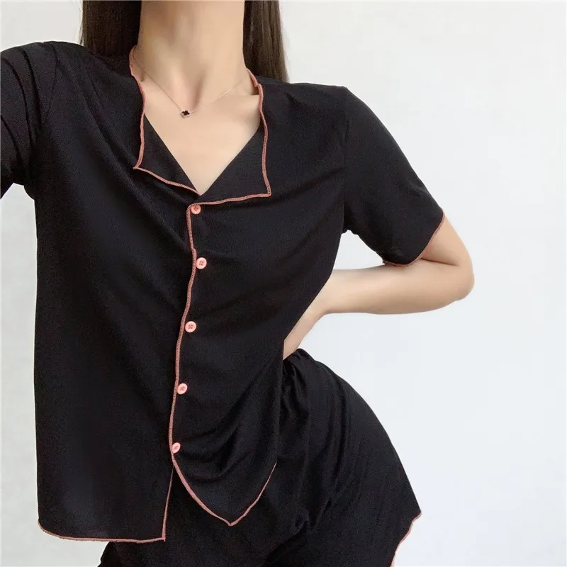 Fdfklak New Short Sleeve Pajamas Women V Neck Ice Silk Thin Korean Sleepwear Set Lounge Wear Shorts Suit Pijama Feminino